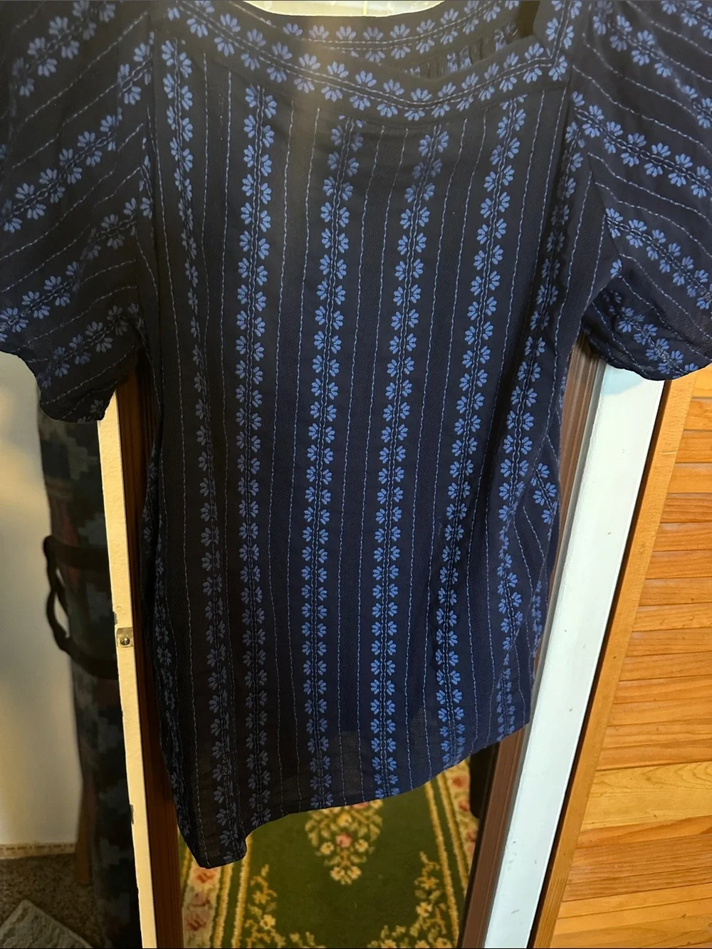 Banana Republic Navy Blue Floral-Stripe Square Neck Puff Sleeve Top